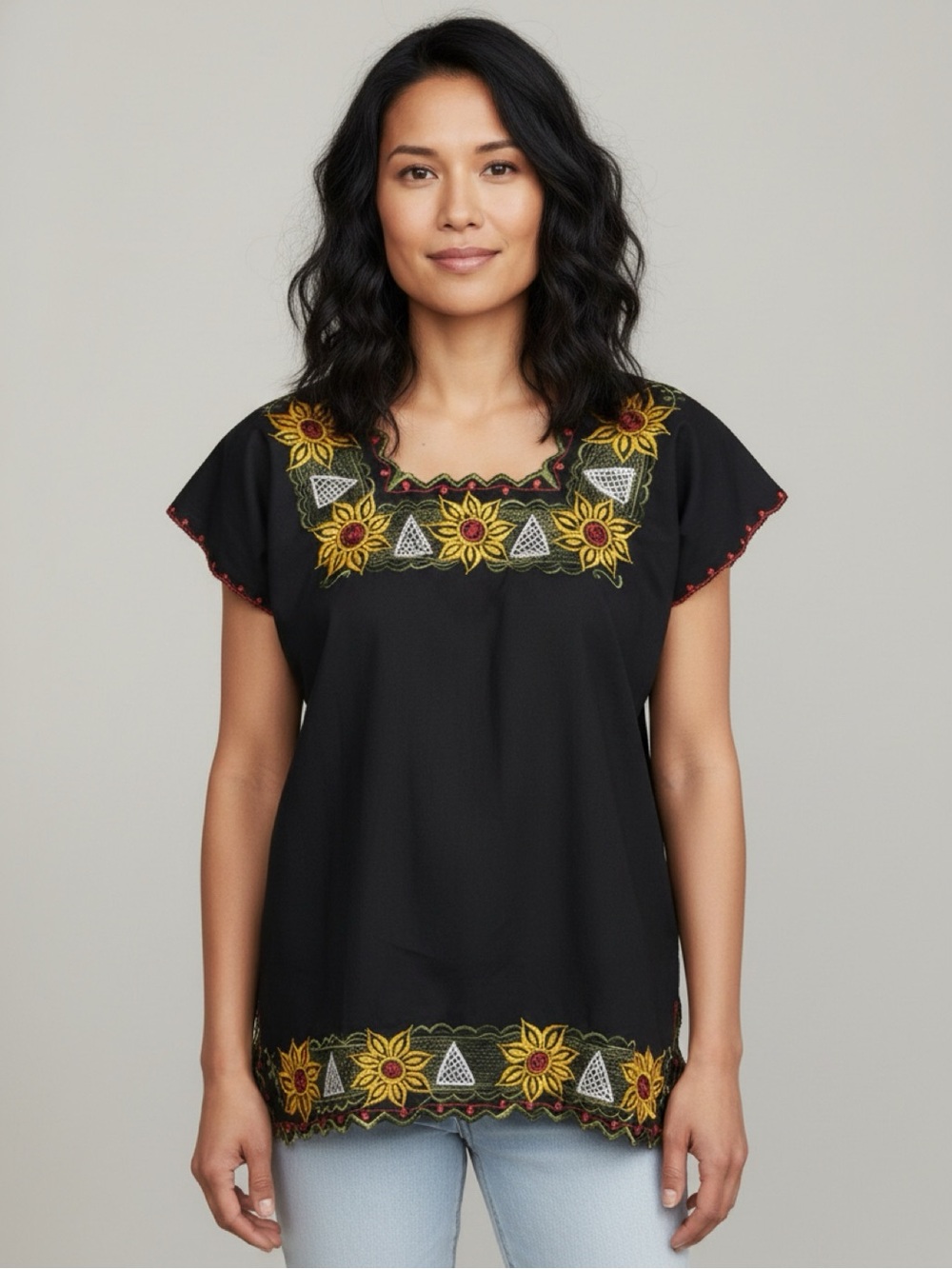 Embroidered Black Sunflower Mexican Inspired Blouse